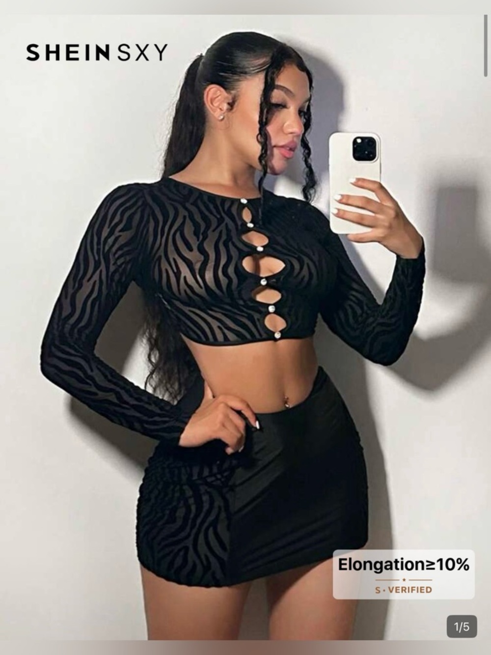 Black Zebra Mesh Long Sleeve Crop Top & Mini Skirt Set